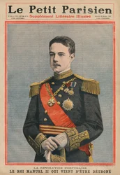 Portuguese Revolution, King Manuel II of Portugal has just been dethroned, front cover illustration from 